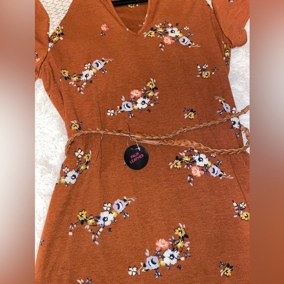 No Boundaries Boho Brown Floral tunic Dress short sleeves belt x-large 15/17 new - Picture 5 of 10